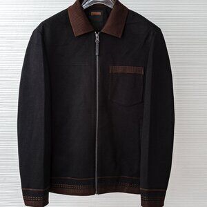 ZEGNA Wool Blend Bomber Jacket in Black with Brown Trim